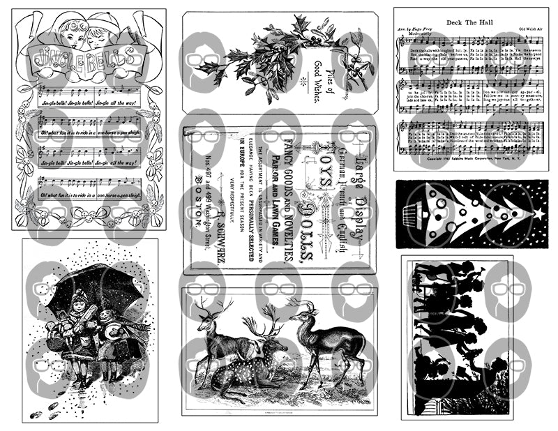 Printable Christmas Ephemera, Ink Saver, Black And White -6pg Digital Download- Retro Xmas, Old Fashioned Christmas, Junk Journal Ephemera