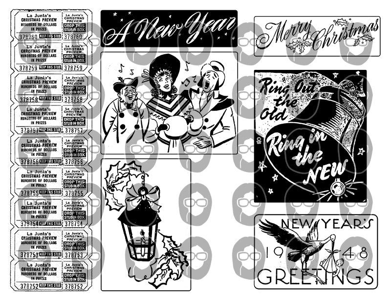 Printable Christmas Ephemera, Ink Saver, Black And White -6pg Digital Download- Retro Xmas, Old Fashioned Christmas, Junk Journal Ephemera