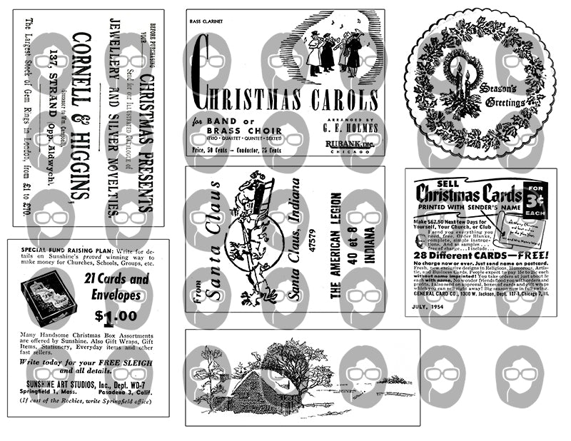 Printable Christmas Ephemera, Ink Saver, Black And White -6pg Digital Download- Retro Xmas, Old Fashioned Christmas, Junk Journal Ephemera