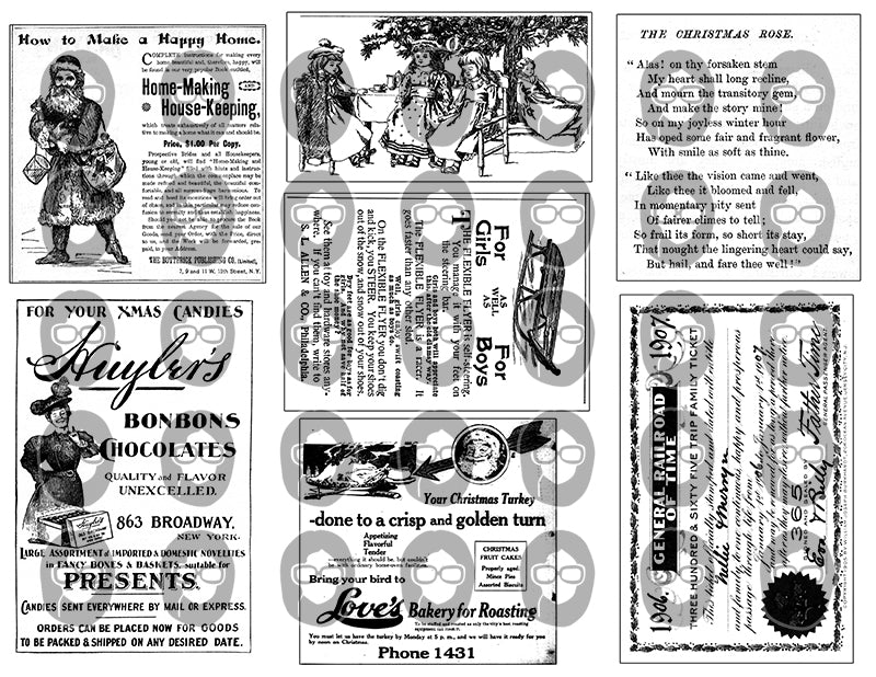 Printable Christmas Ephemera, Ink Saver, Black And White -6pg Digital Download- Retro Xmas, Old Fashioned Christmas, Junk Journal Ephemera