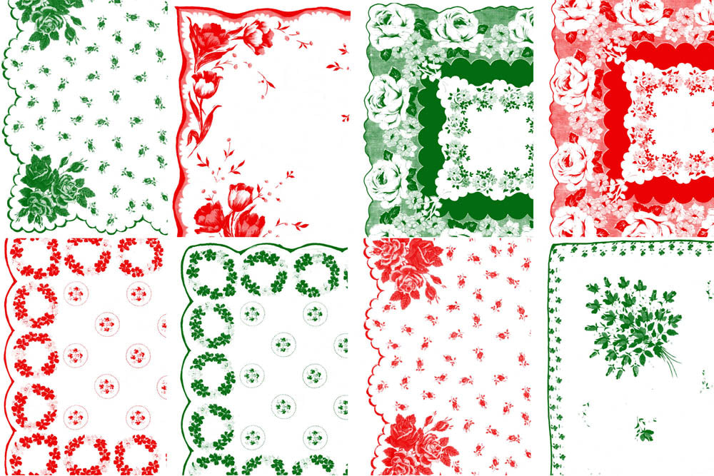 Vintage Christmas Red Green Handkerchiefs Hankies -Printable Ephemera Set #92- 20 Pg Instant Download - Holiday digital junk journal kit