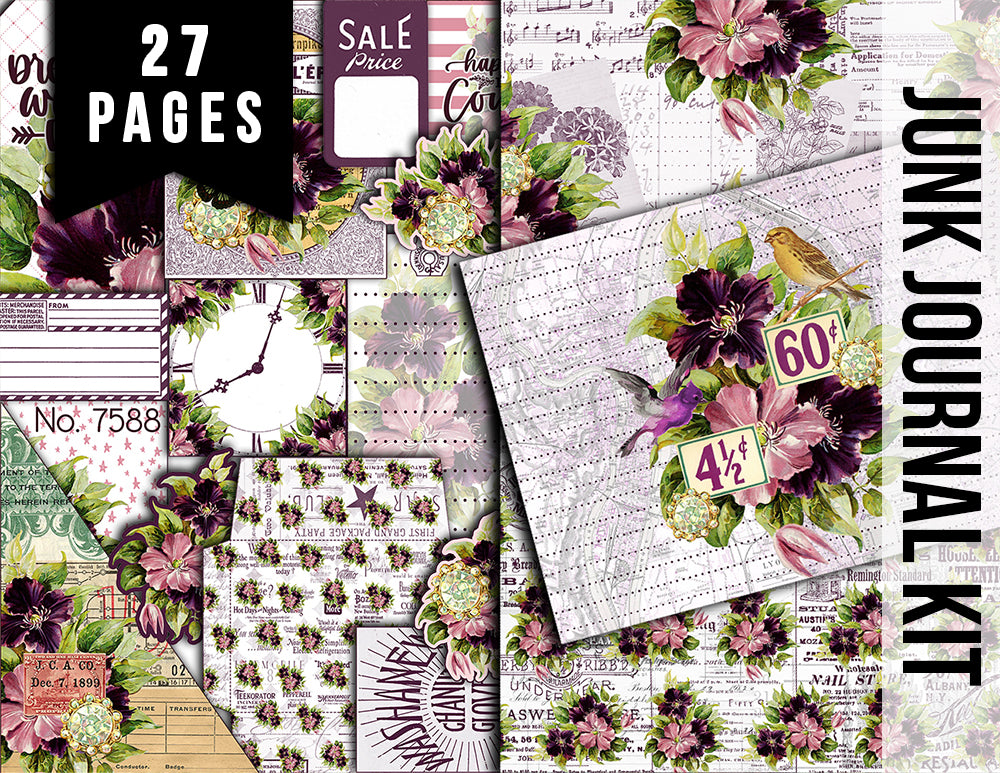 Purple Junk Journal Kit - Florid Fancy - 27 Pg Instant Download - digital floral paper, lined diary journaling pages, planner pages, to do