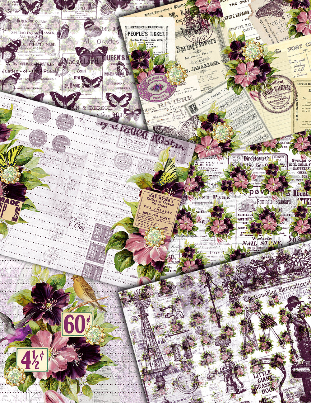 Purple Junk Journal Kit - Florid Fancy - 27 Pg Instant Download - digital floral paper, lined diary journaling pages, planner pages, to do