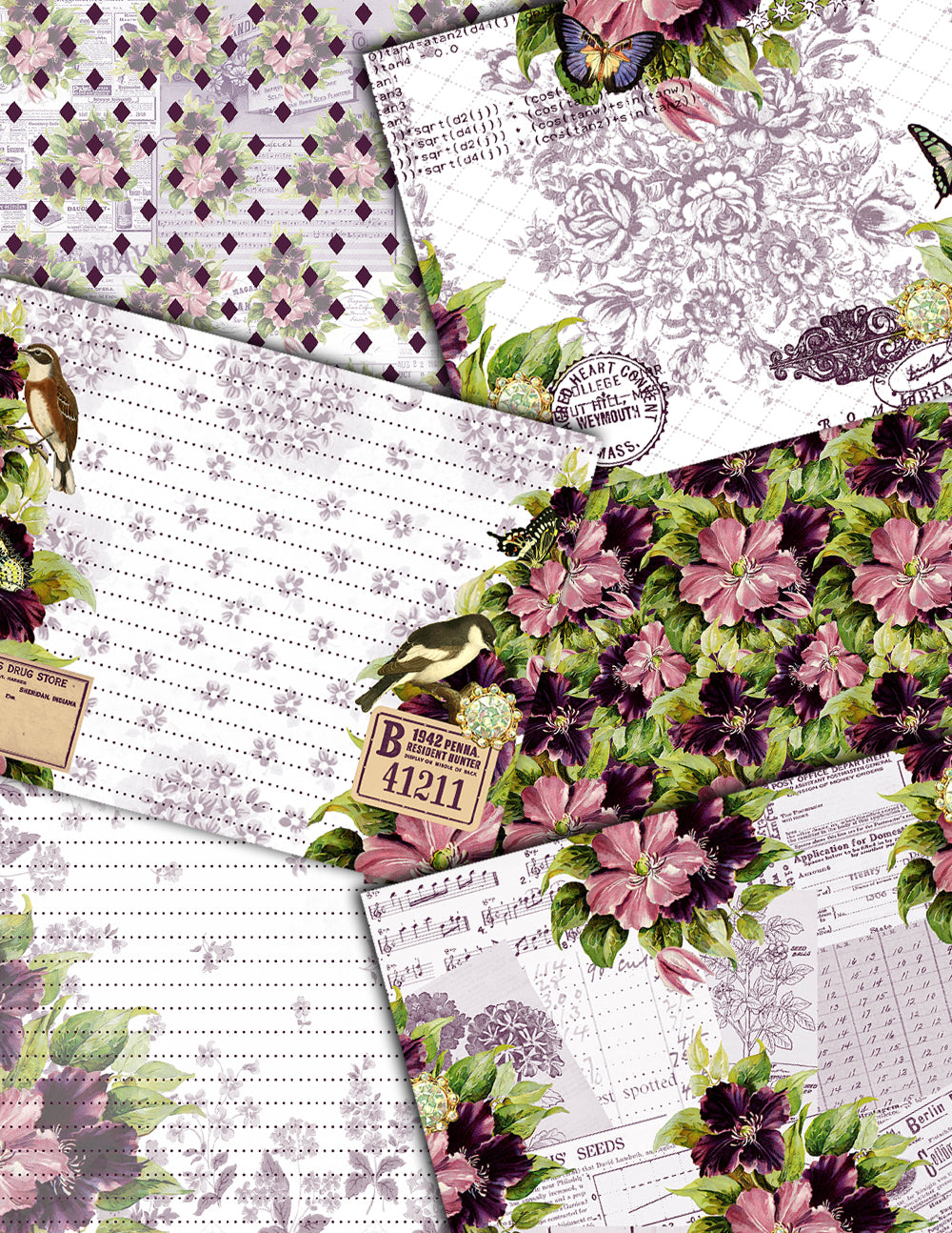 Purple Junk Journal Kit - Florid Fancy - 27 Pg Instant Download - digital floral paper, lined diary journaling pages, planner pages, to do