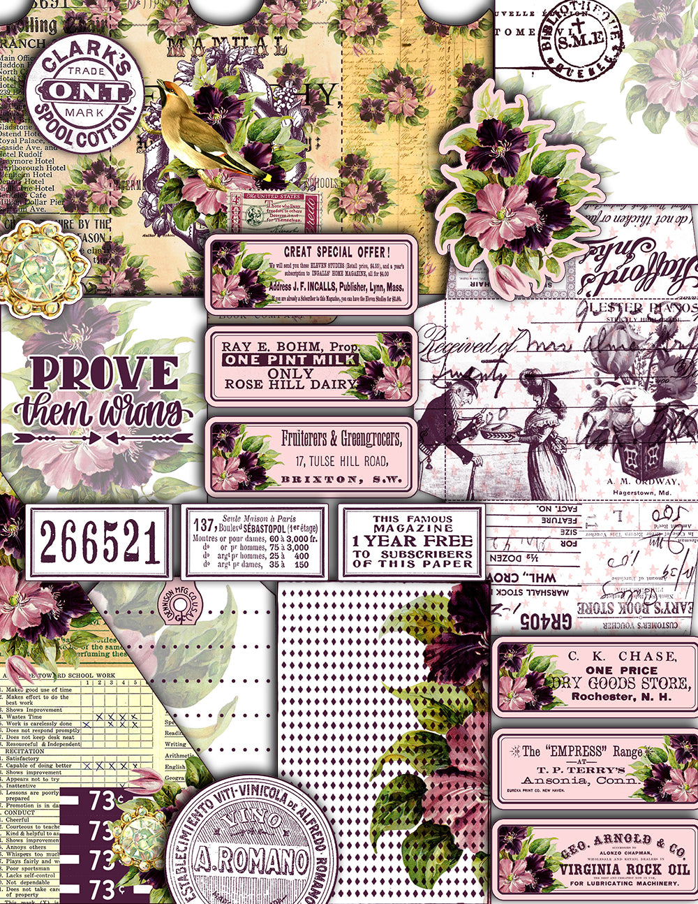 Purple Junk Journal Kit - Florid Fancy - 27 Pg Instant Download - digital floral paper, lined diary journaling pages, planner pages, to do