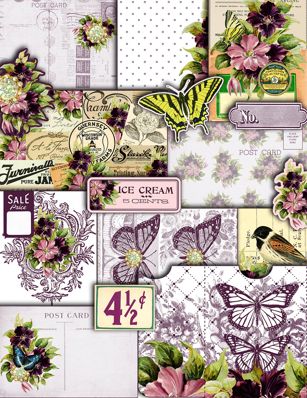 Purple Junk Journal Kit - Florid Fancy - 27 Pg Instant Download - digital floral paper, lined diary journaling pages, planner pages, to do