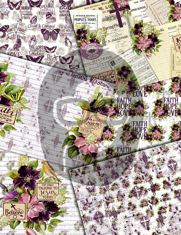 Bible Journaling Kit, Christian Printables, Florid Fancy -27Pg Digital Download- Devotional for Women, Faith Junk Journal Kit, Religious Ephemera, Purple Junk Journaling Kit
