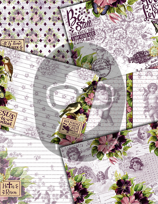 Bible Journaling Kit, Christian Printables, Florid Fancy -27Pg Digital Download- Devotional for Women, Faith Junk Journal Kit, Religious Ephemera, Purple Junk Journaling Kit