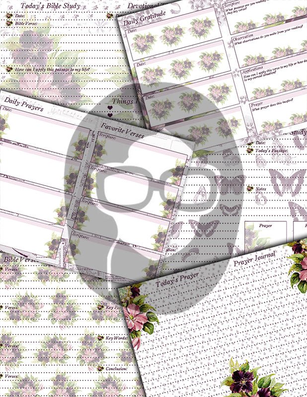 Bible Journaling Kit, Christian Printables, Florid Fancy -27Pg Digital Download- Devotional for Women, Faith Junk Journal Kit, Religious Ephemera, Purple Junk Journaling Kit