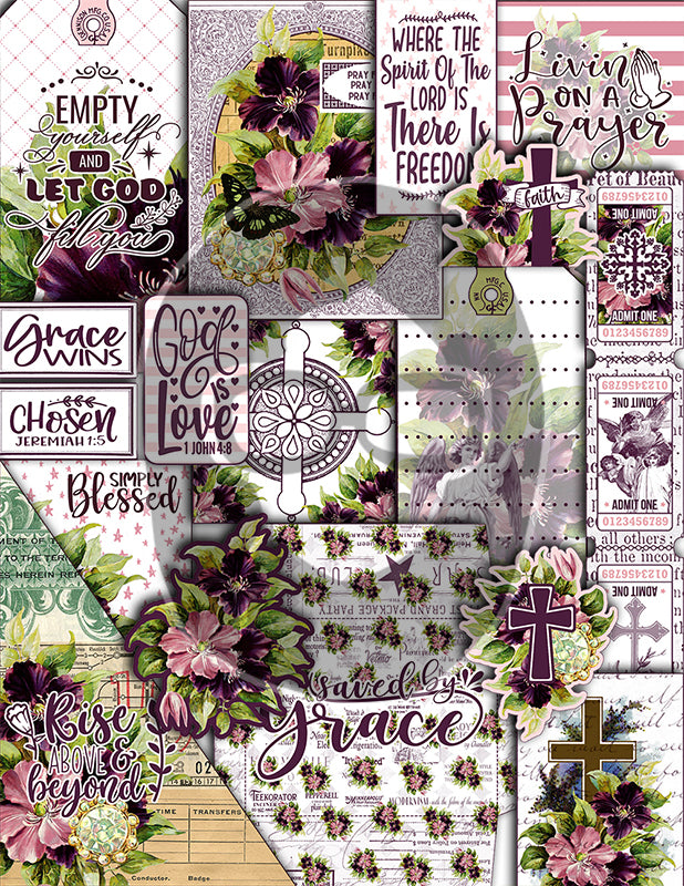 Bible Journaling Kit, Christian Printables, Florid Fancy -27Pg Digital Download- Devotional for Women, Faith Junk Journal Kit, Religious Ephemera, Purple Junk Journaling Kit