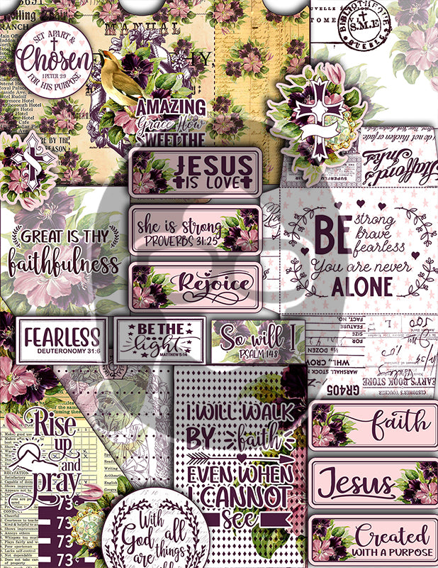 Bible Journaling Kit, Christian Printables, Florid Fancy -27Pg Digital Download- Devotional for Women, Faith Junk Journal Kit, Religious Ephemera, Purple Junk Journaling Kit