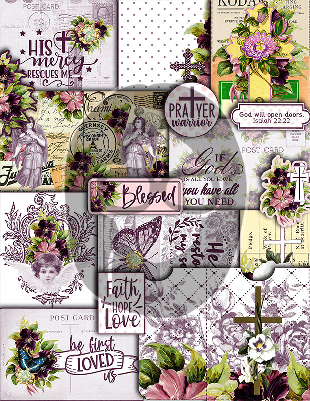 Bible Journaling Kit, Christian Printables, Florid Fancy -27Pg Digital Download- Devotional for Women, Faith Junk Journal Kit, Religious Ephemera, Purple Junk Journaling Kit