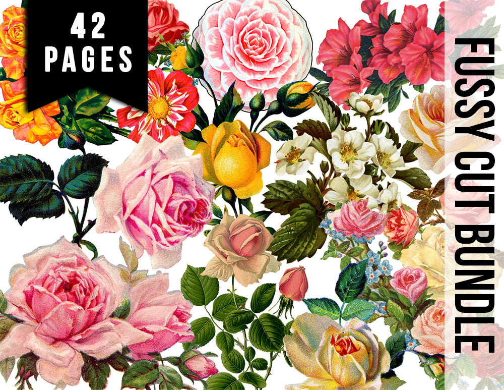 Fussy Cut Flowers, Pink Roses -42pg Digital Download- Junk Journal Kit, Spring Floral Clipart, Flower Bouquet, Vintage Clip Art, Red Roses