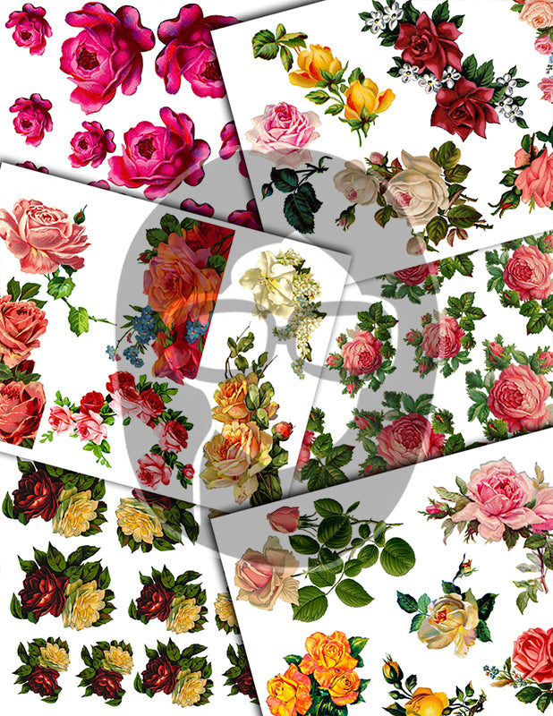Fussy Cut Flowers, Pink Roses -42pg Digital Download- Junk Journal Kit, Spring Floral Clipart, Flower Bouquet, Vintage Clip Art, Red Roses