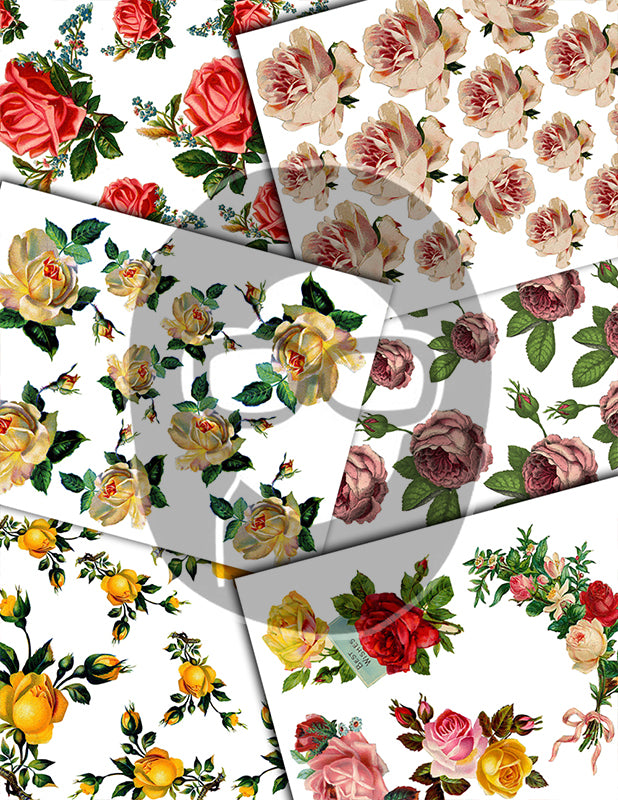 Fussy Cut Flowers, Pink Roses -42pg Digital Download- Junk Journal Kit, Spring Floral Clipart, Flower Bouquet, Vintage Clip Art, Red Roses