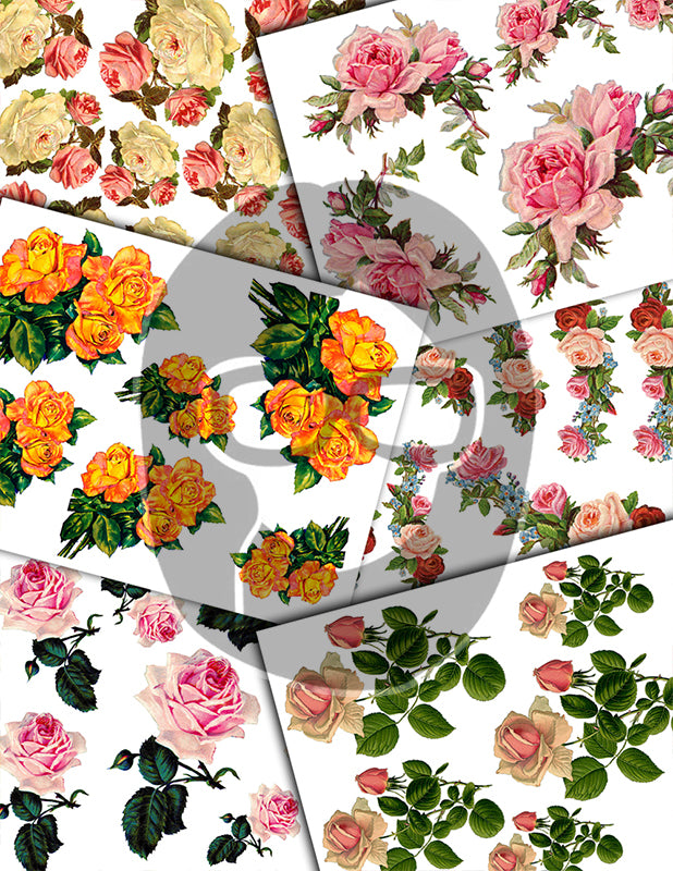 Fussy Cut Flowers, Pink Roses -42pg Digital Download- Junk Journal Kit, Spring Floral Clipart, Flower Bouquet, Vintage Clip Art, Red Roses