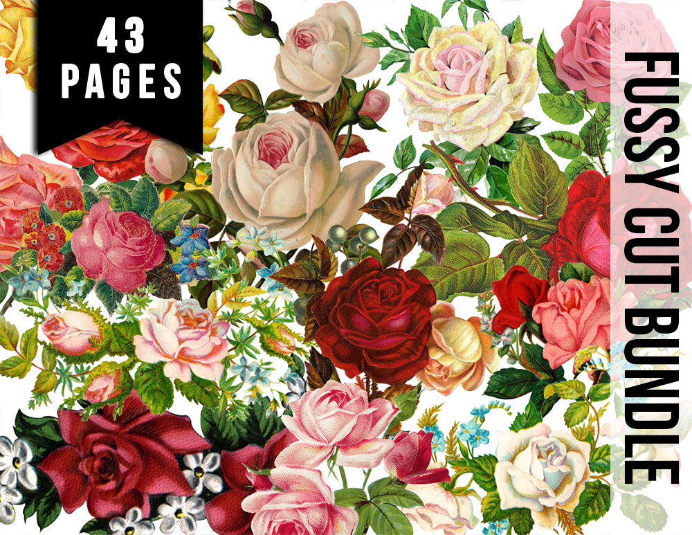 Fussy Cut Flowers, Pink Roses -43pg Digital Download- Junk Journal Kit, Spring Floral Clipart, Flower Bouquet, Vintage Clip Art, Red Roses