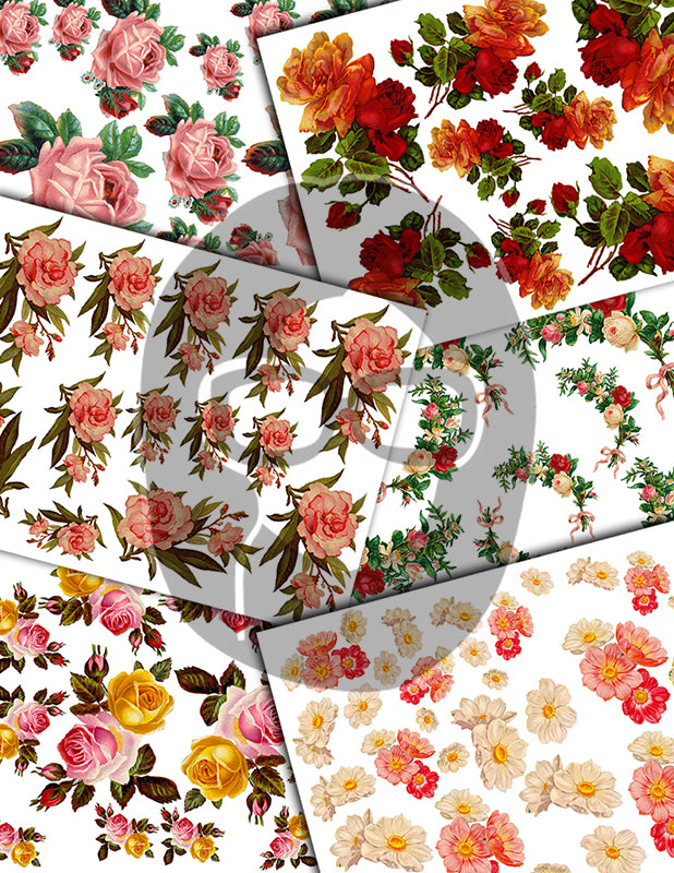 Fussy Cut Flowers, Pink Roses -43pg Digital Download- Junk Journal Kit, Spring Floral Clipart, Flower Bouquet, Vintage Clip Art, Red Roses