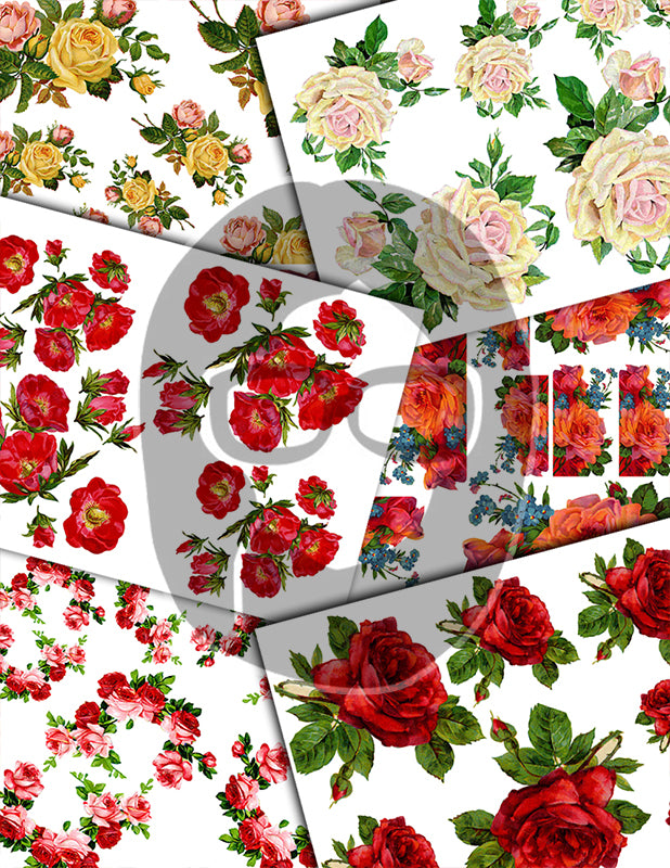 Fussy Cut Flowers, Pink Roses -43pg Digital Download- Junk Journal Kit, Spring Floral Clipart, Flower Bouquet, Vintage Clip Art, Red Roses
