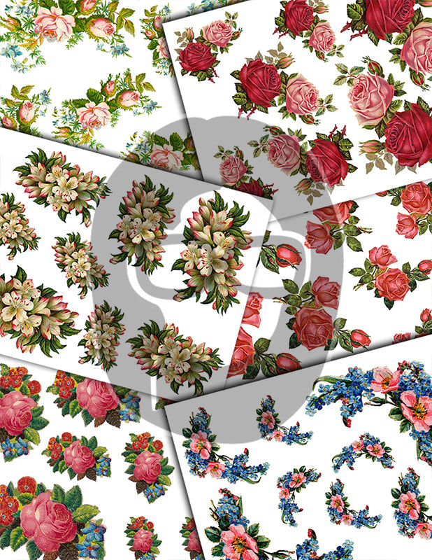 Fussy Cut Flowers, Pink Roses -43pg Digital Download- Junk Journal Kit, Spring Floral Clipart, Flower Bouquet, Vintage Clip Art, Red Roses