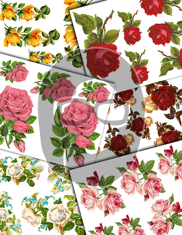 Fussy Cut Flowers, Pink Roses -43pg Digital Download- Junk Journal Kit, Spring Floral Clipart, Flower Bouquet, Vintage Clip Art, Red Roses