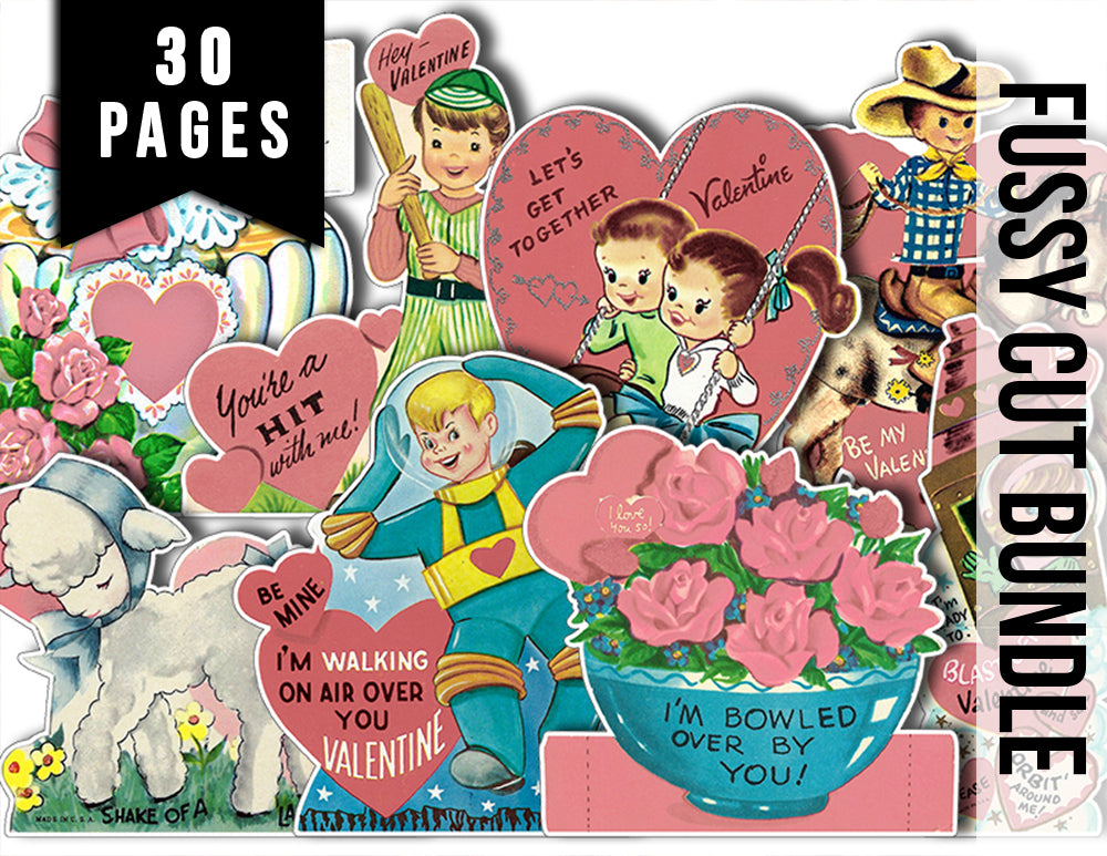 Ephemera Fussy Cuts, Retro Pink Valentine's Day Cards -30pg Digital Download- Junk Journal Printables, Paper Craft PDF JPEG, Shabby Chic