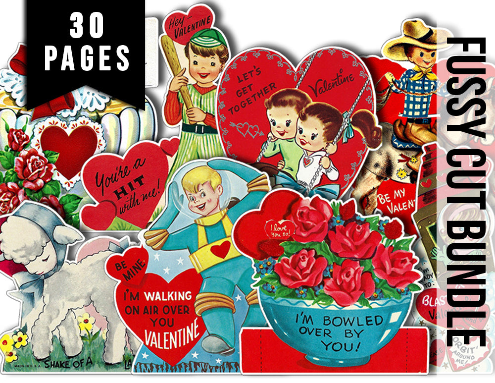 Retro Valentine's Day Cards, Ephemera Fussy Cuts -30pg Digital Download- Junk Journal Printables, Paper Craft PDF JPEG, Collage Sheets