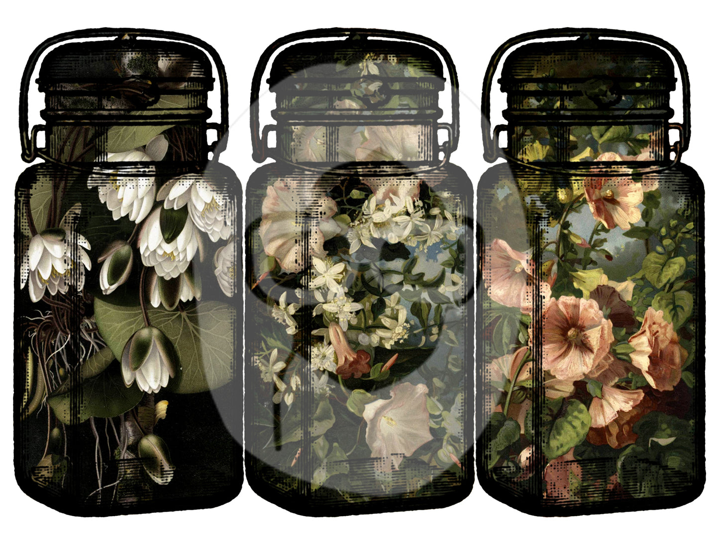 Dark Floral Mason Jar - Giant Mason Jars # 8 - 3 Page Instant Download - mason jar printable, vintage mason jar, blank journal cards