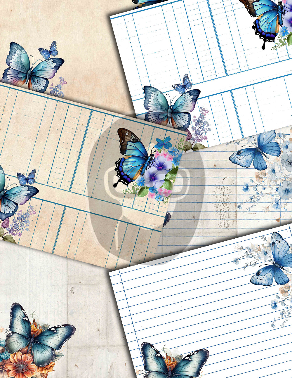 Junk Journal Pages, Butterfly Journal Printable -36pg Digital Download- Blue Digital Paper, Ephemera Background, Collage Sheets Printable