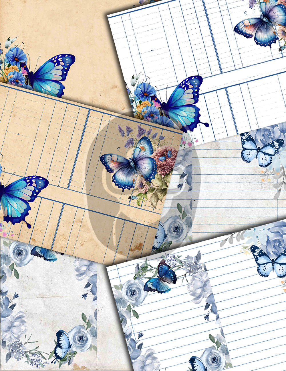 Junk Journal Pages, Butterfly Journal Printable -36pg Digital Download- Blue Digital Paper, Ephemera Background, Collage Sheets Printable