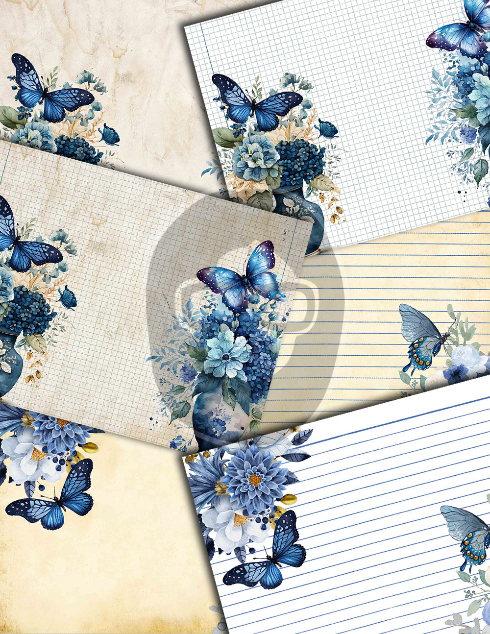 Junk Journal Pages, Butterfly Journal Printable -36pg Digital Download- Blue Digital Paper, Ephemera Background, Collage Sheets Printable