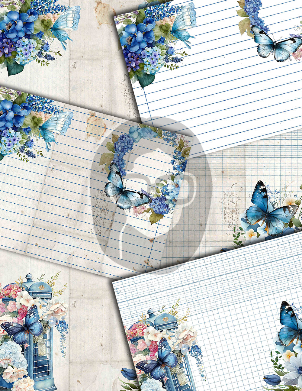 Junk Journal Pages, Butterfly Journal Printable -36pg Digital Download- Blue Digital Paper, Ephemera Background, Collage Sheets Printable