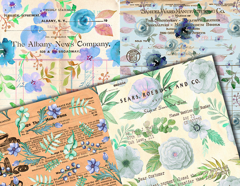 Junk Journal Pages, Blue Floral Scrapbook Paper, S84 -20pg Digital Download- Ephemera Background, Collage Sheets Printable, Spring Flowers