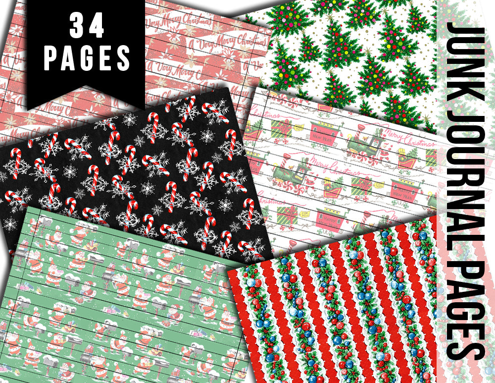 Retro Wrapping Paper, Junk Journal Pages -34pg Digital Download- Printable Lined Paper, Ephemera Background, Santa digital background