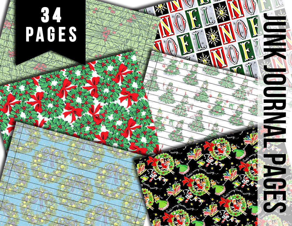 Retro Wrapping Paper, Junk Journal Pages -34pg Digital Download- Printable Lined Paper, Ephemera Background, Santa digital background
