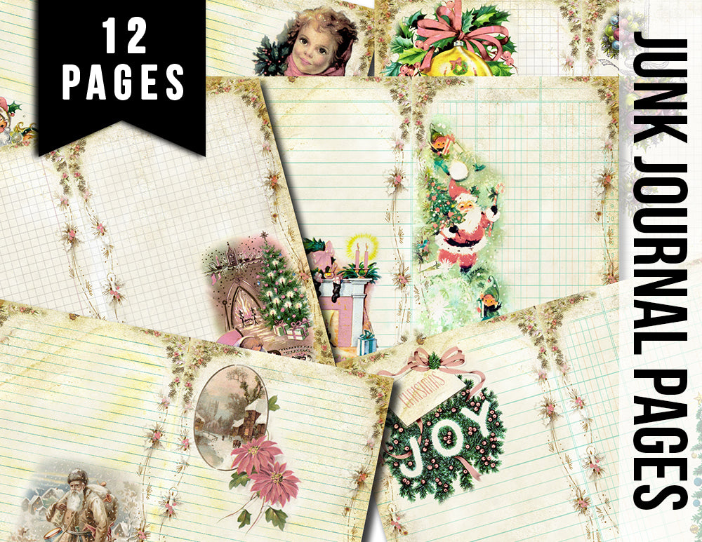 Pink Christmas, Printable Vintage Paper -20pg Digital Download- Junk Journal Pages, Retro Xmas, Pastel Digital Paper, Santa Claus, Diary DIY