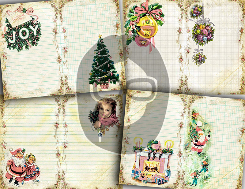 Pink Christmas, Printable Vintage Paper -20pg Digital Download- Junk Journal Pages, Retro Xmas, Pastel Digital Paper, Santa Claus, Diary DIY