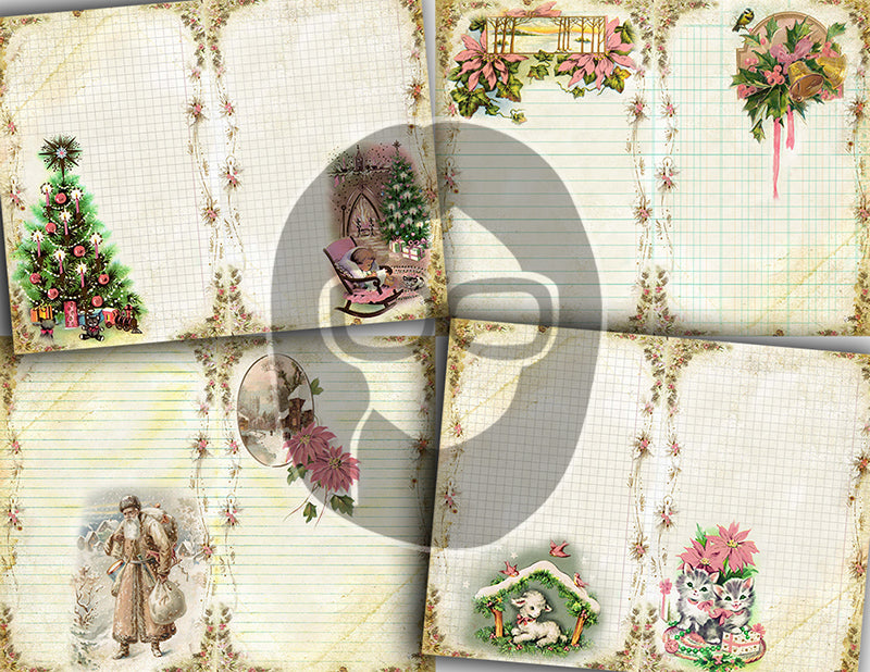 Pink Christmas, Printable Vintage Paper -20pg Digital Download- Junk Journal Pages, Retro Xmas, Pastel Digital Paper, Santa Claus, Diary DIY