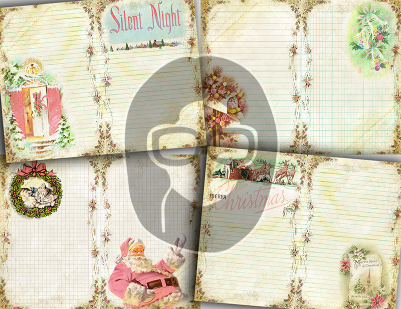 Pink Christmas, Printable Vintage Paper -20pg Digital Download- Junk Journal Pages, Retro Xmas, Pastel Digital Paper, Santa Claus, Diary DIY