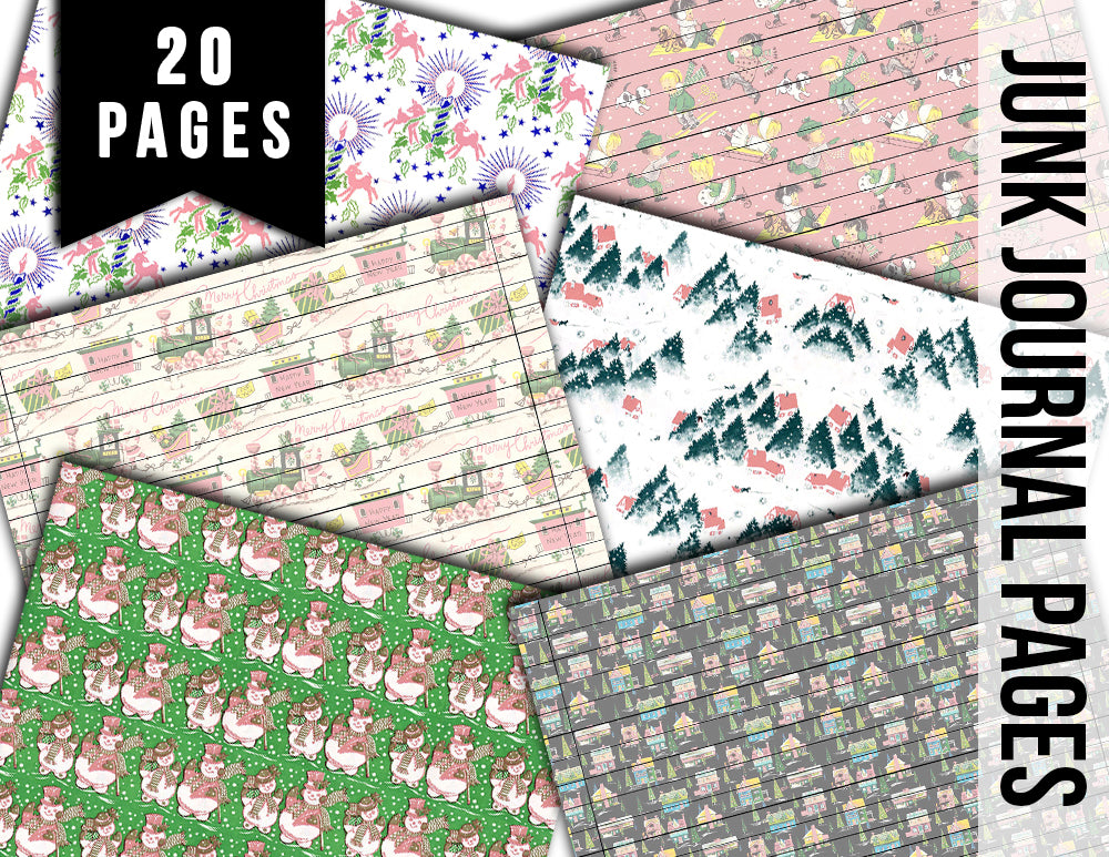 Pink Christmas, Junk Journal Printable Pages -20pg Digital Download- Retro Wrapping Paper, Ephemera Paper Pack, December Daily Kit, Lined