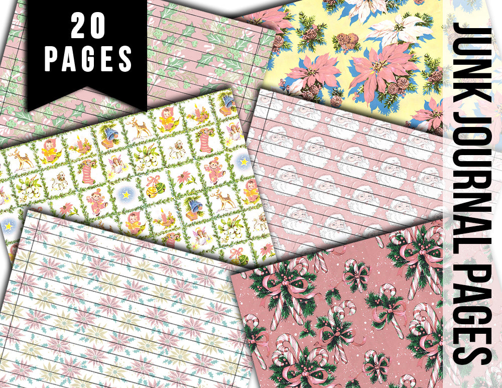 Pink Christmas, Printable Vintage Paper -20pg Digital Download- Junk Journal Pages, Retro Xmas, Ephemera Paper Pack, Retro Wrapping Paper