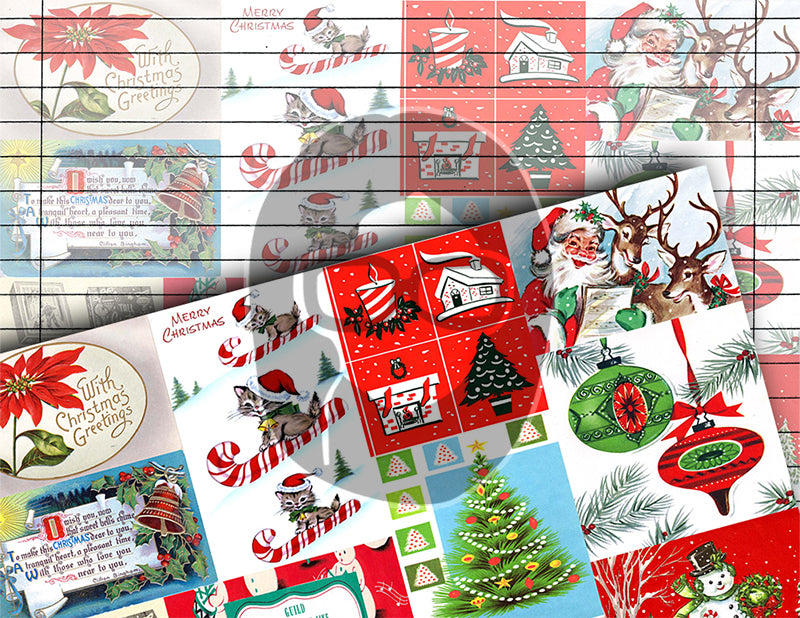 Retro Christmas, Junk Journal Pages -12pg Digital Download- Printable Lined Paper, Ephemera Background, Santa digital background, Xmas Kit