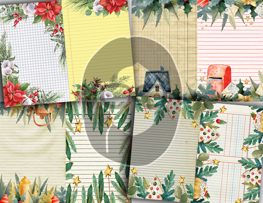 Christmas Sheet Music, Printable Lined Paper, S79 -16pg Digital Download- Junk Journal Kit, Holly And Berries, Poinsettia Clipart Bouquet