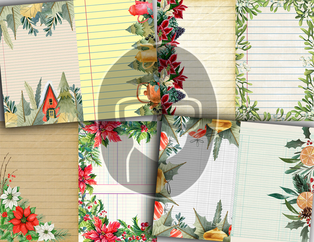 Christmas Sheet Music, Printable Lined Paper, S79 -16pg Digital Download- Junk Journal Kit, Holly And Berries, Poinsettia Clipart Bouquet