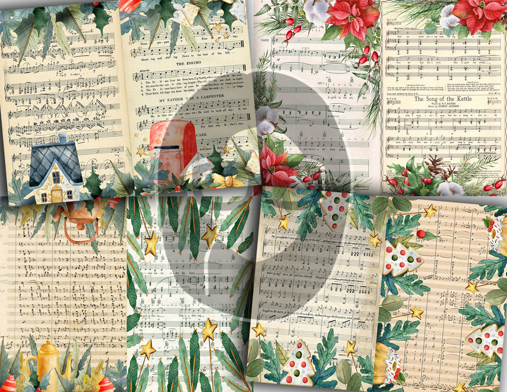 Christmas Sheet Music, Printable Lined Paper, S79 -16pg Digital Download- Junk Journal Kit, Holly And Berries, Poinsettia Clipart Bouquet