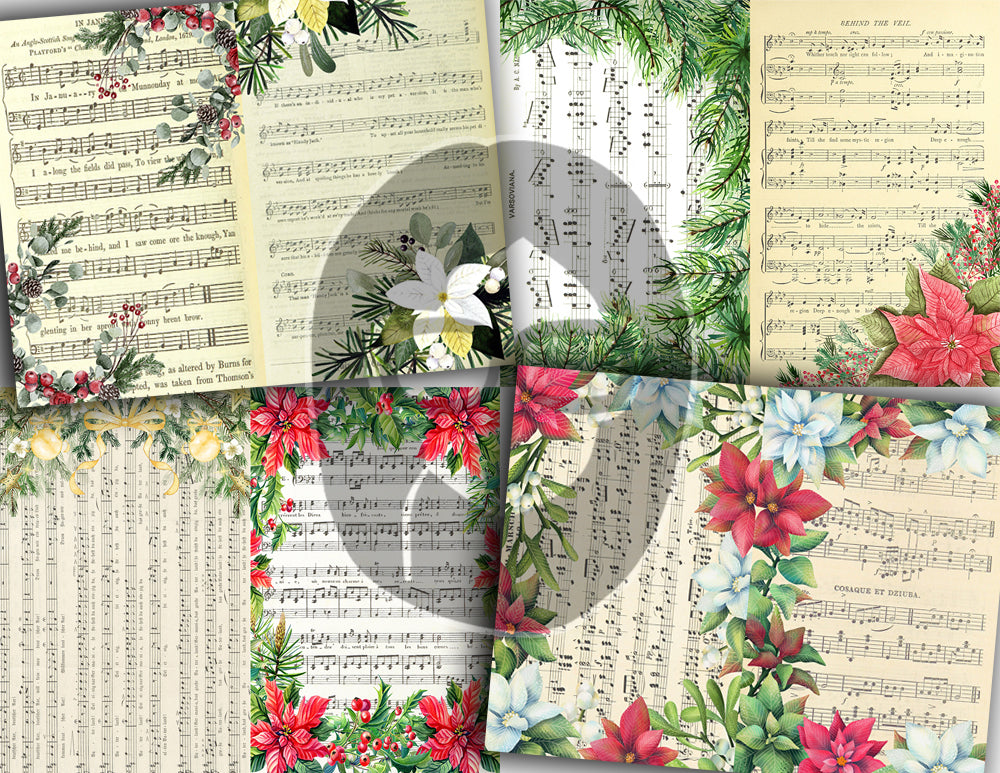 Sheet Music Digital Paper, Junk Journal Lined Paper S80 -16pg Digi Download - Poinsettia Background, Retro and Vintage, Vintage Winter