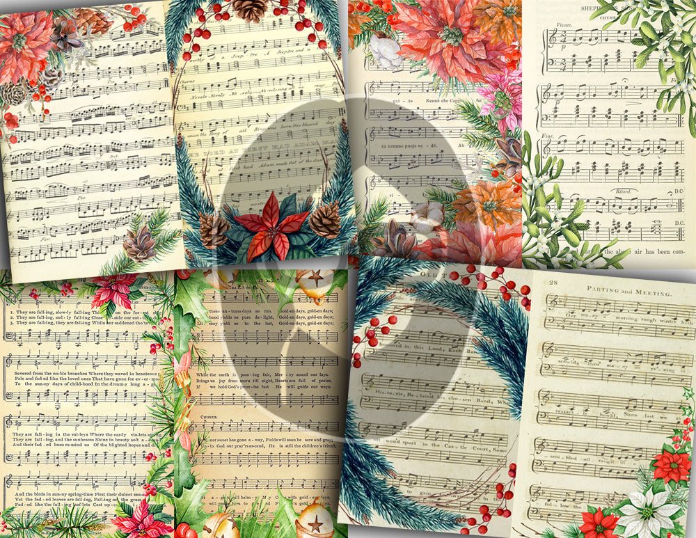 Sheet Music Digital Paper, Junk Journal Lined Paper S80 -16pg Digi Download - Poinsettia Background, Retro and Vintage, Vintage Winter