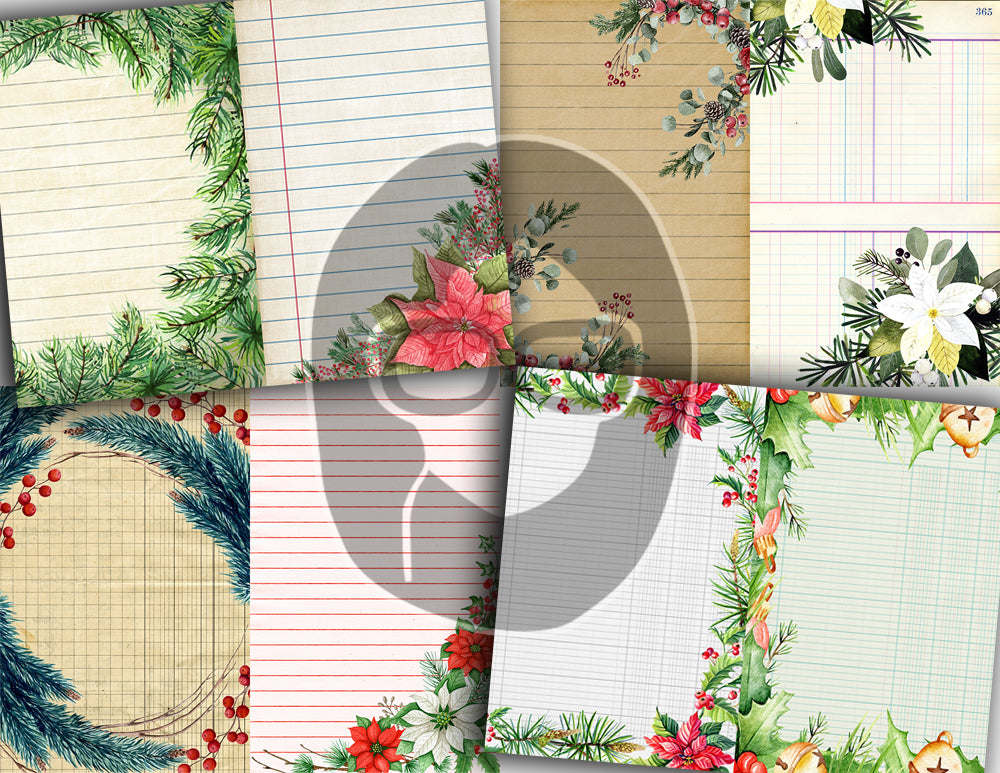 Sheet Music Digital Paper, Junk Journal Lined Paper S80 -16pg Digi Download - Poinsettia Background, Retro and Vintage, Vintage Winter
