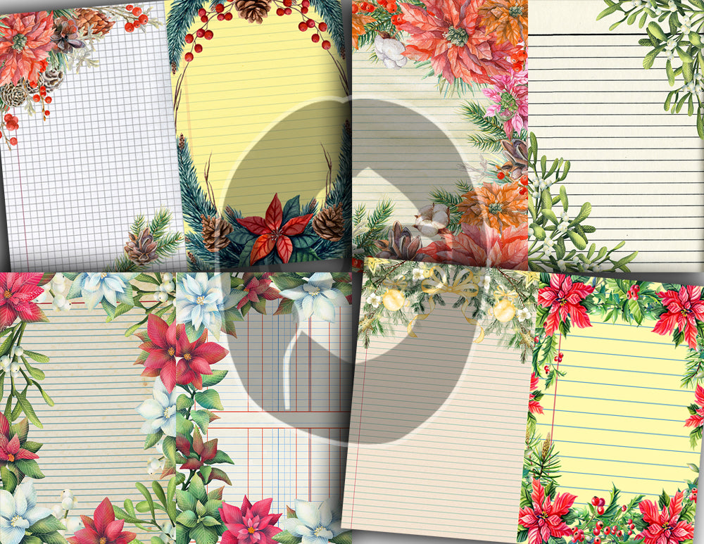 Sheet Music Digital Paper, Junk Journal Lined Paper S80 -16pg Digi Download - Poinsettia Background, Retro and Vintage, Vintage Winter