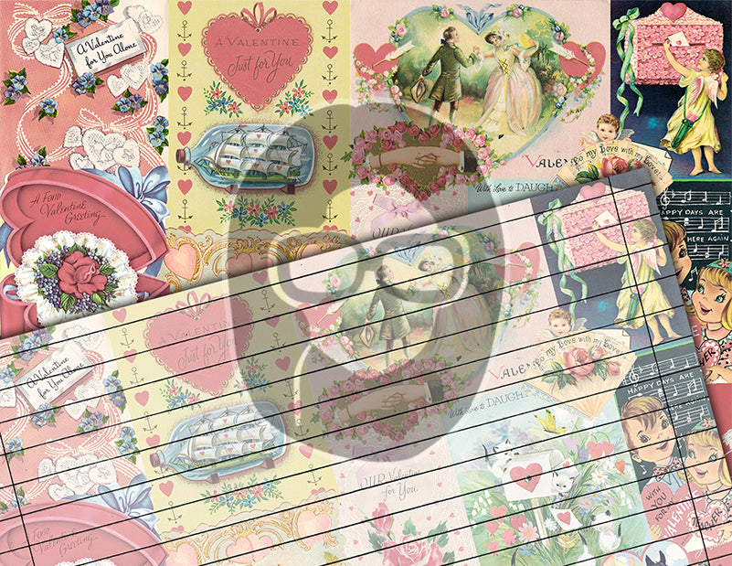Retro Pink Valentine's Pattern, Junk Journal Pages, Printable Vintage Paper -18pg Digital Download- Scrapbook Supplies, Ephemera Background